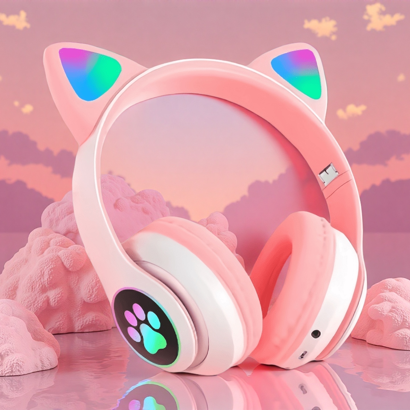 Wired Earphone Lightning - หูฟังไร้สายลายหูแมวน่ารัก พร้อมไมโครโฟน ควบคุมแบบ LED เสียงสเตอริโอ สำหรับเด็กผู้หญิง