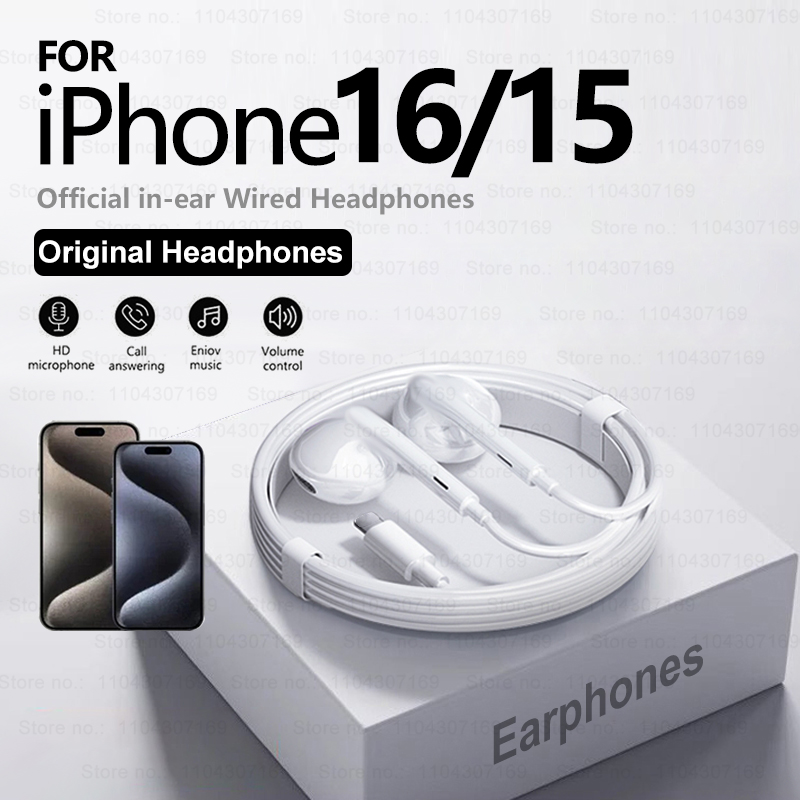 Wired Earphone Lightning - หูฟังแบบมีสายสําหรับiPhone 16 Pro Max 15 Plus