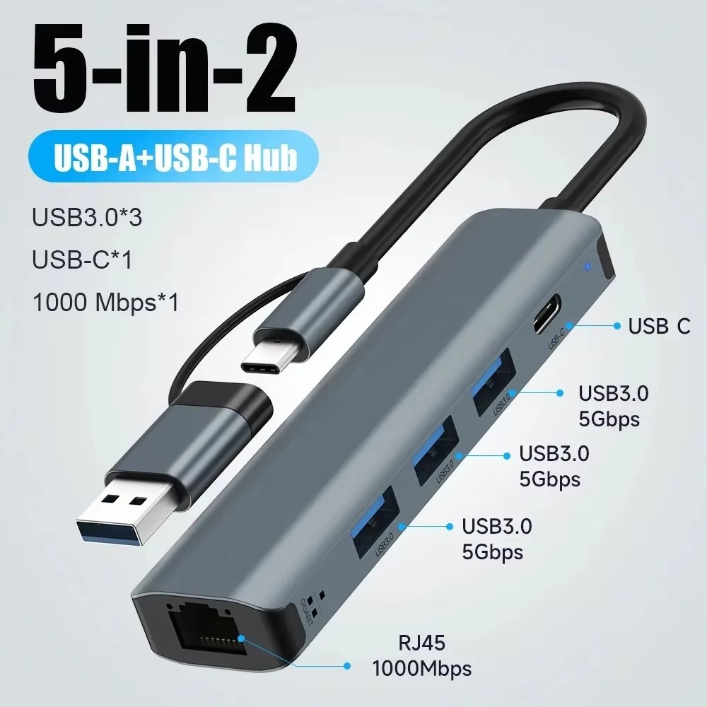 Usb Hub Type C - ฮับ USB-C แบบหลายพอร์ต ด็อกขยาย 5-in-2 อะแดปเตอร์แยกพอร์ต